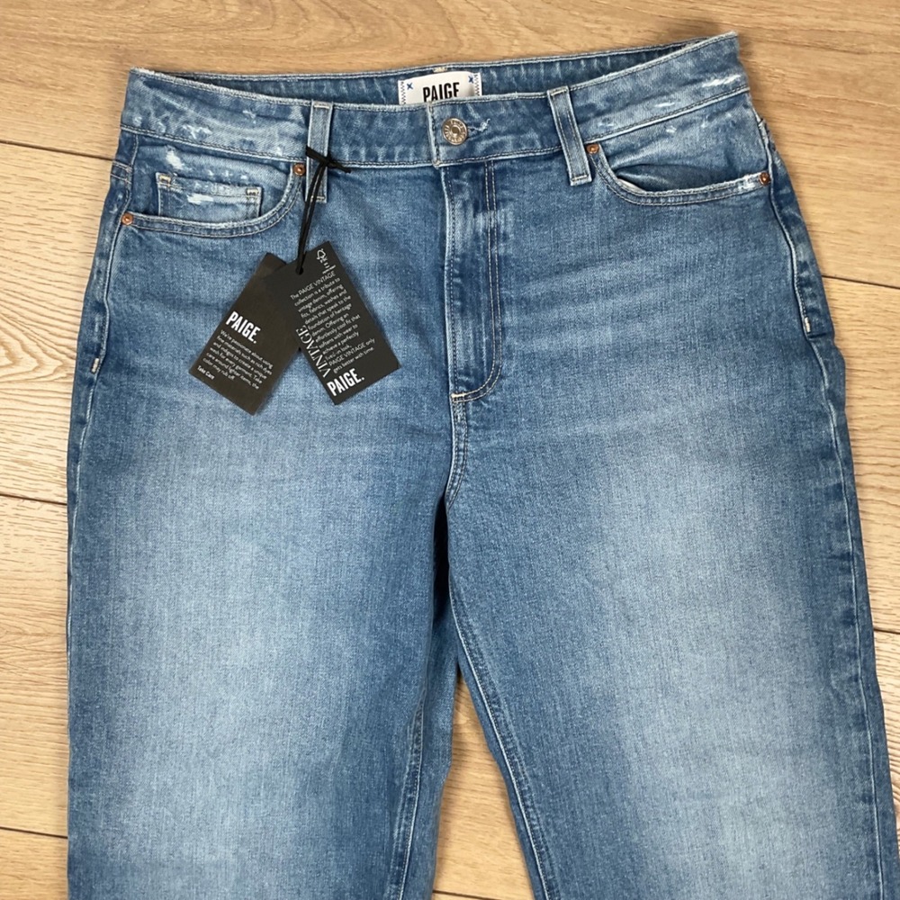 PAIGE Leenah Ankle High Rise Trouser Leg Jeans Blue Raw Hem Size 29 NEW - Picture 2 of 10